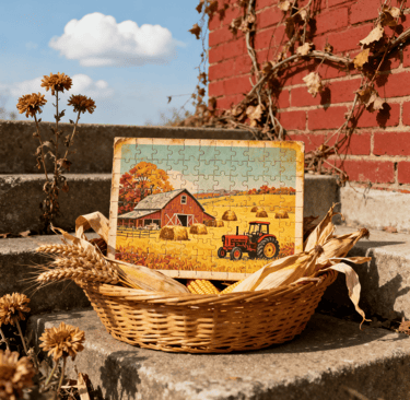 The basket contained a completed jigsaw puzzle and some wheat and corn.