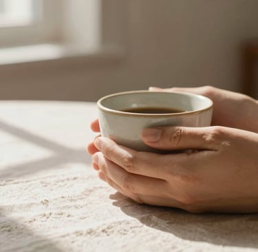 manos sosteniendo una taza de cafe de ceramica sobre una mesa blanca y luz de la ventana clara