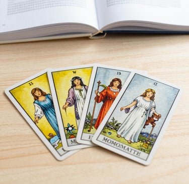 cartas de tarot con arquetipos femeninos sobre mesa de madera clara