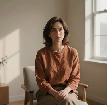 una mujer de mediana edad con un sueter cafe y mirada de cansancio