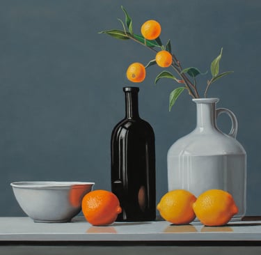 a still life painting of a vase with oranges and a vase