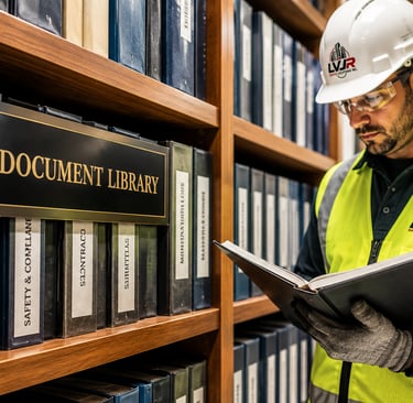 tradesman reading books in a library
