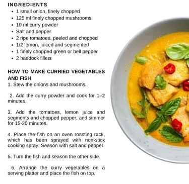A healthy recipe for curried vegetables and fish haddock fillets in a yellow curry sauce.