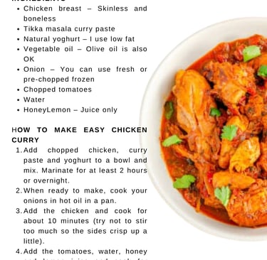 Recipe card for easy chicken curry with ingredients and instructions next to a bowl of spicy tomato-based chicken.