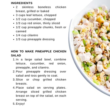 Pineapple chicken salad recipe with list of healthy ingredients and cooking instructions.