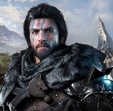 A Viking warrior with blue face paint and fur armor stands before a mountain castle.