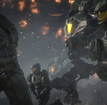 Spartan soldiers in green MJOLNIR armor battle across a fiery warzone in a scene from Halo Wars 2.
