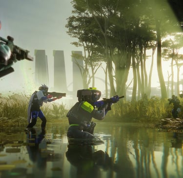 Futuristic soldiers in tactical gear engage in a swamp battle with glowing sci-fi environments.