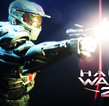 A Spartan super soldier firing a handgun in a cinematic Halo Wars 2 action sequence.