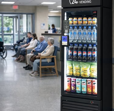 Selection of healthy snacks and protein bars inside a modern vending machine in Boca Raton