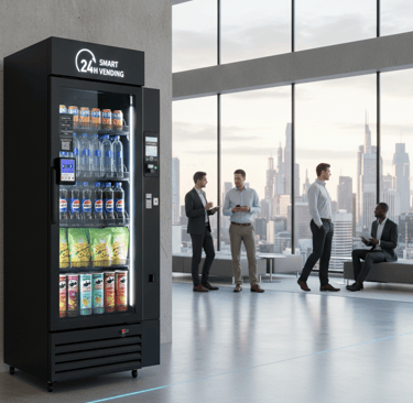Smart vending machine with contactless payment installed in a West Palm Beach corporate breakroom.