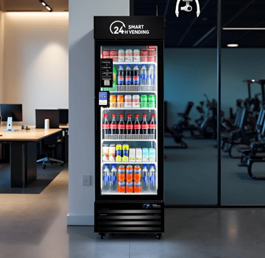Platinum Elite Vending 24H smart vending cooler stocked with healthy drinks in a modern office and g