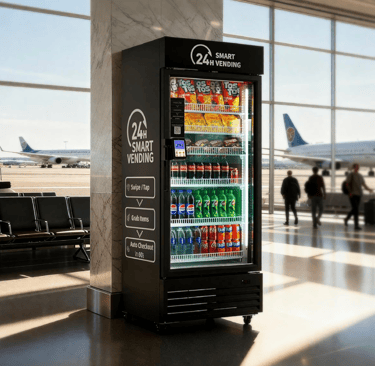 Platinum Elite Vending 24H smart vending machine providing snacks and drinks in a busy airport 