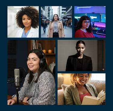 Diverse professional women in a collage featuring a doctor, podcaster, gamer, and business leaders.