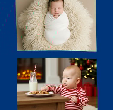 A sleeping newborn baby swaddled in white and a toddler in red striped pajamas reaching for cookies near a Christmas tree.