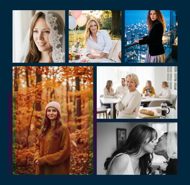 Photo collage featuring portraits of women, a wedding kiss, and an outdoor autumn photoshoot.