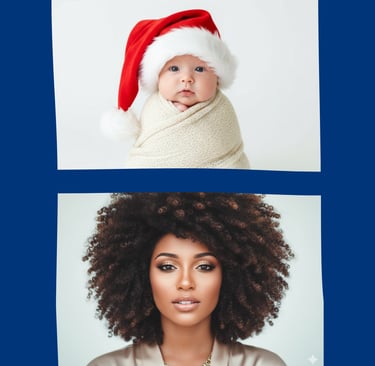 A cute baby wearing a red Santa hat and a beautiful woman with voluminous curly hair in a holiday portrait.