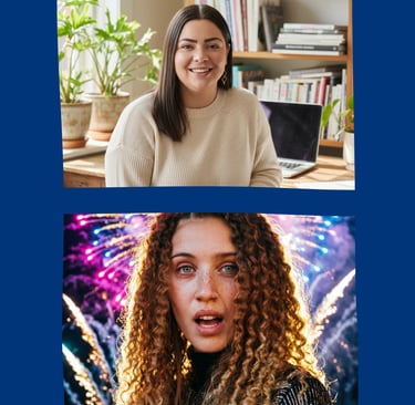 Smiling professional woman in a home office and a young woman with curly hair under vibrant fireworks.