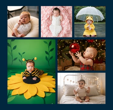 Photo collage of professional baby portraits featuring newborn photography and creative infant costumes.