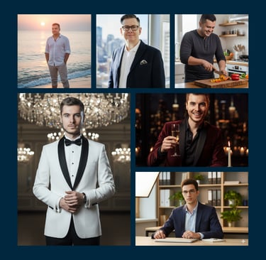 Photo collage of a professional man in various settings including a beach, office, kitchen, and formal gala.