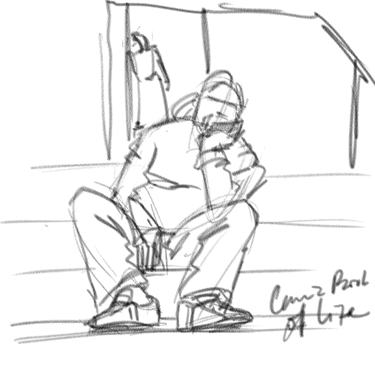 gesture drawing of a man sitting on porch woman in background leaning against door