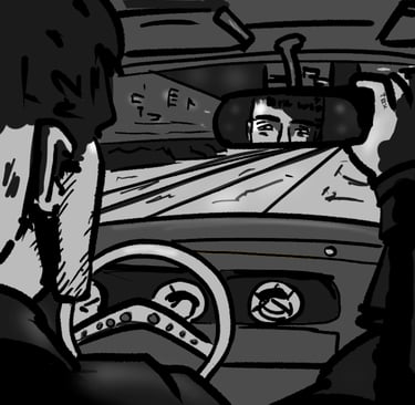 Digital drawing from the story "Luck". Wayne is looking in the rearview mirror of his Ford Taunus 