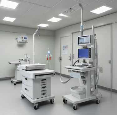 Stylish hospital equipment arranged in a minimalist, luxurious setting.