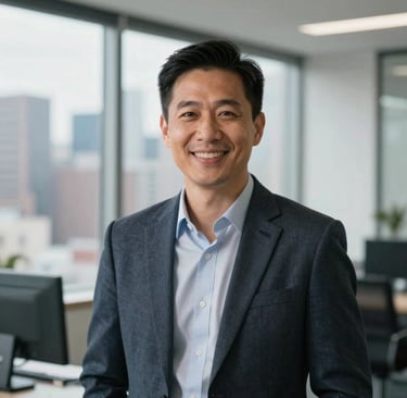 A professional portrait of a confident person in business casual attire smiling warmly in a bright, modern office with a view of a US city skyline.