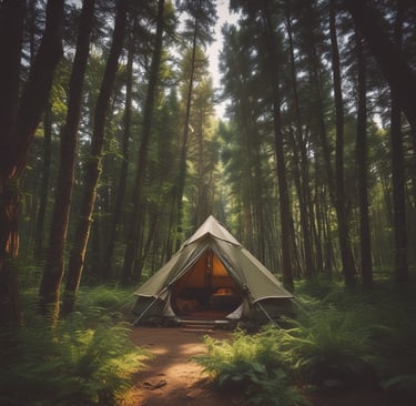A cozy campsite setup with a tent, lantern, and camping gear under a starry night sky