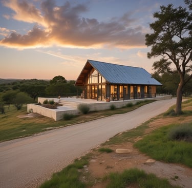 Barndominium with metal roof at sunset in Texas Hill Country with oak trees and gravel driveway