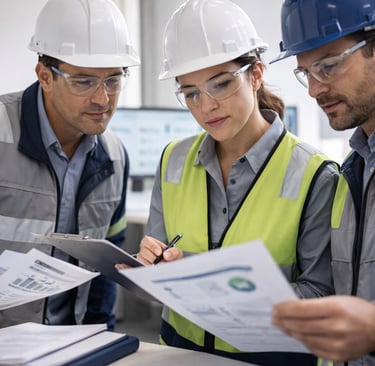 Equipe de SST analisando documentos técnicos de LTCAT, insalubridade e periculosidade.