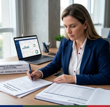 Consultor analisando alinhamento entre PGR, insalubridade e eventos do eSocial SST.