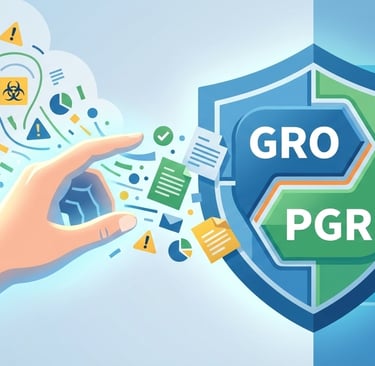 Capa: GRO e PGR simplificados. Ilustração digital de uma mão organizando dados de segurança disperso