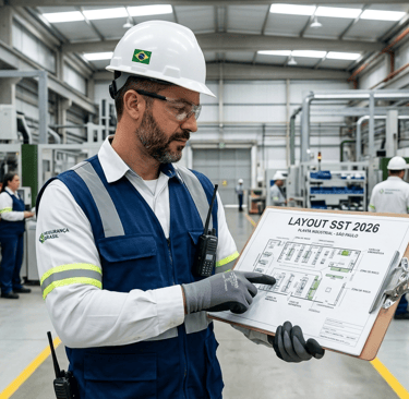 Engenheiro revisando layout industrial para atualização de riscos no eSocial SST.