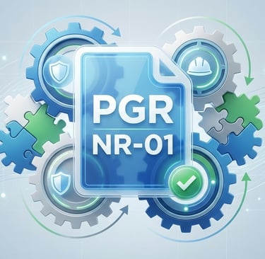 Gestão de Riscos Ocupacionais (GRO) e PGR na NR-01. Imagem 3D com documento 'PGR' e 'NR-01',