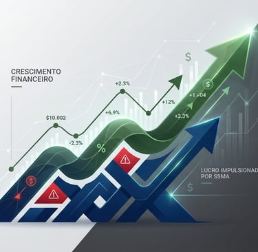 Ilustração digital: Gráfico verde ascendente (lucro, crescimento) com base SSMA Torpeg azul/vermelha