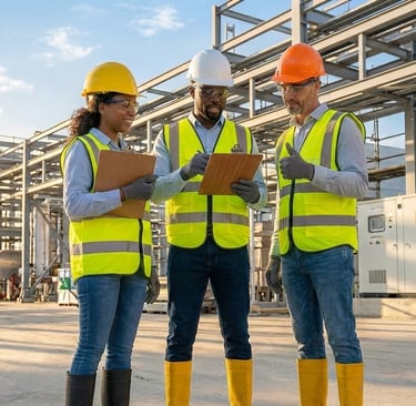 Trabalhadores com EPIs em segurança no trabalho