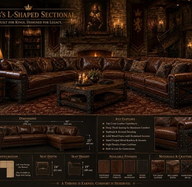 King's L-shaped brown top grain leather sectional sofa with nailhead trim in a rustic medieval living room.