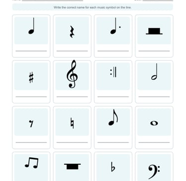 Free printable music symbols identification worksheet with answer key