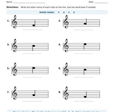 Treble Clef Space Note Names Worksheet