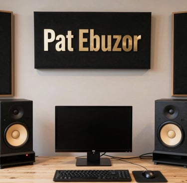 A cozy home studio corner with mixing equipment, vinyl records, and scattered lyric sheets.