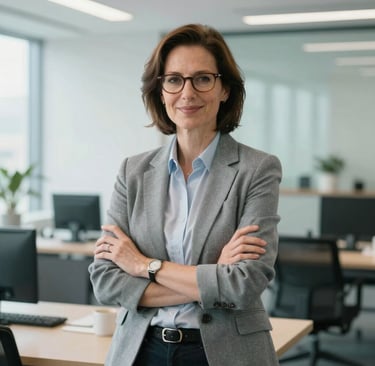 A professional photography portrait of a career mentor in a bright, modern US office. The scene features light gray and teal tones, emphasizing a clean and accessible environment.