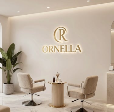 Interior view of Ornella Women Salon featuring chic rose gold and soft pink decor