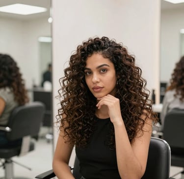 Close-up of a client’s glossy, styled hair under soft salon lighting