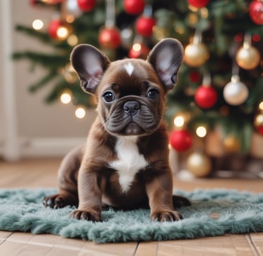 Close-up of a fluffy merle French Bulldog puppy sitting comfortably on a soft pink blanket.