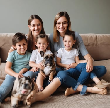 A happy customer holding a lilac French Bulldog puppy in a sunlit garden.