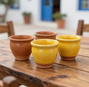 A close-up photograph of vibrant glazed terracotta and honey yellow stoneware ceramic cups placed on a wooden rustic dining table in a Mediterranean courtyard in Turkey.