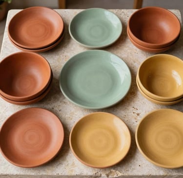 A top-down photograph of a collection of handmade stoneware ceramic plates and bowls in terracotta red, sage green, and honey yellow arranged on a Mediterranean stone counter in Turkey.