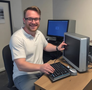 Happy customer giving a thumbs-up next to their repaired laptop.