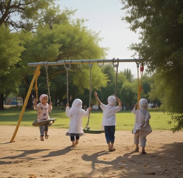 A vibrant community gathering at the site of the future masjid, with children playing and elders sharing stories.